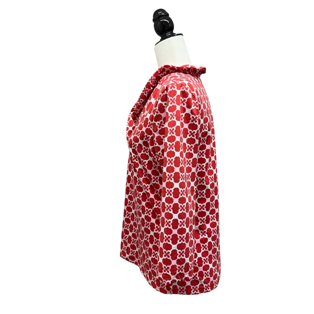 J.McLaughlin Red White Geometric Floral Catalina Cloth Ruffle Neck Top Large - Picture 2 of 7